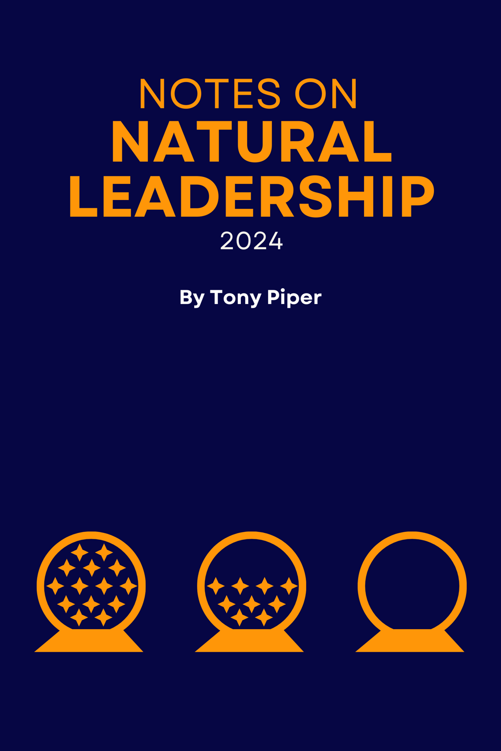A deep blue cover features the title "NOTES ON NATURAL LEADERSHIP" in bold orange lettering at the top, with "2024" below it. Below the year, the author's name, "By Tony Piper," is displayed. At the bottom, three circular icons with varying designs in orange create a visually striking element.